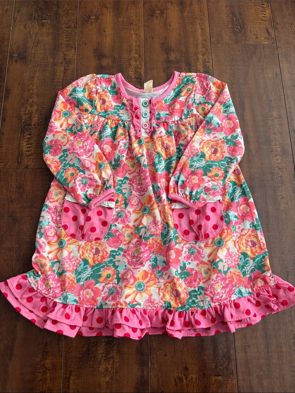 Matilda Jane Pink Floral Long Sleeve Nightgown with Polka Dot Pockets